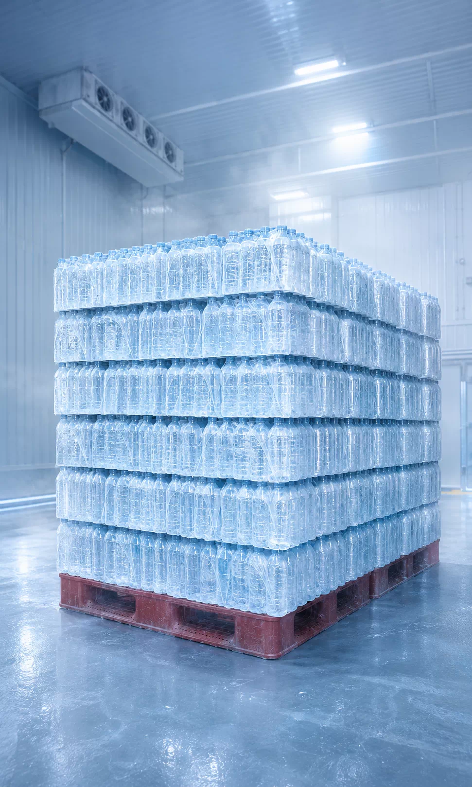 냉동창고에 정렬된 얼린 생수 500ml 대량 팔렛