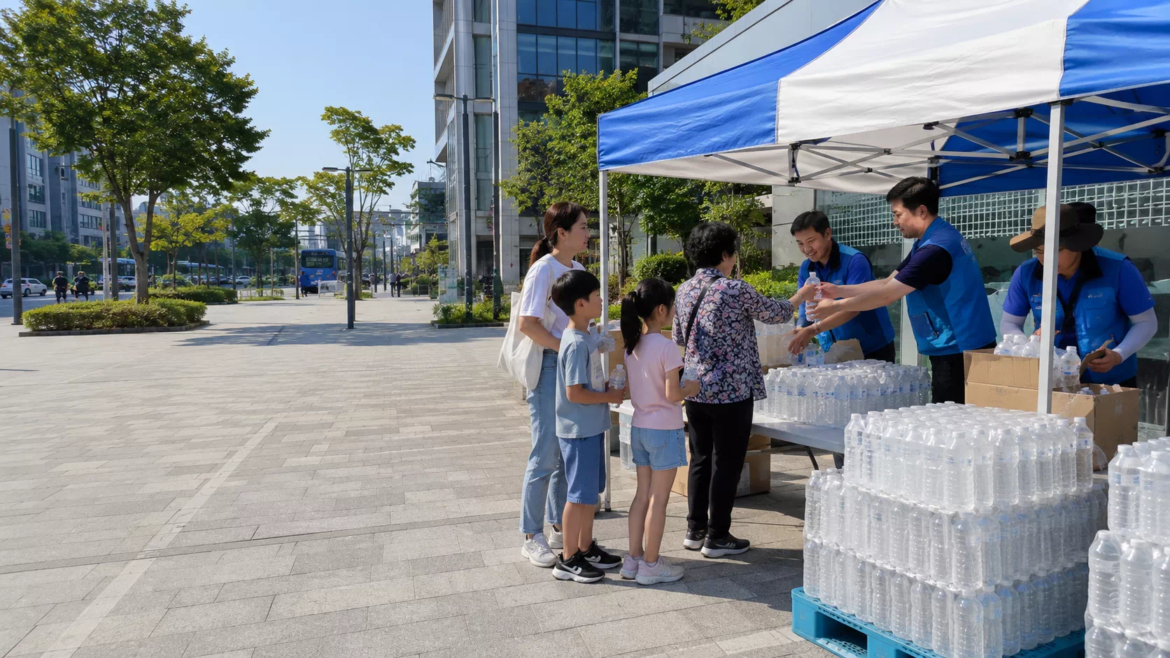 폭염 쉼터에서 무료 생수 나눔 부스를 운영하며 관공서 생수 대량납품 물량을 배부하는 모습