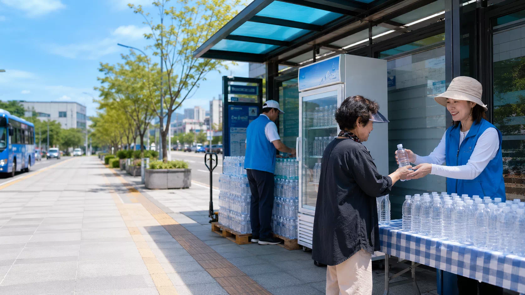 버스정류장 폭염 쉼터 생수 지원 현장, 시민 대상 무료 생수 제공